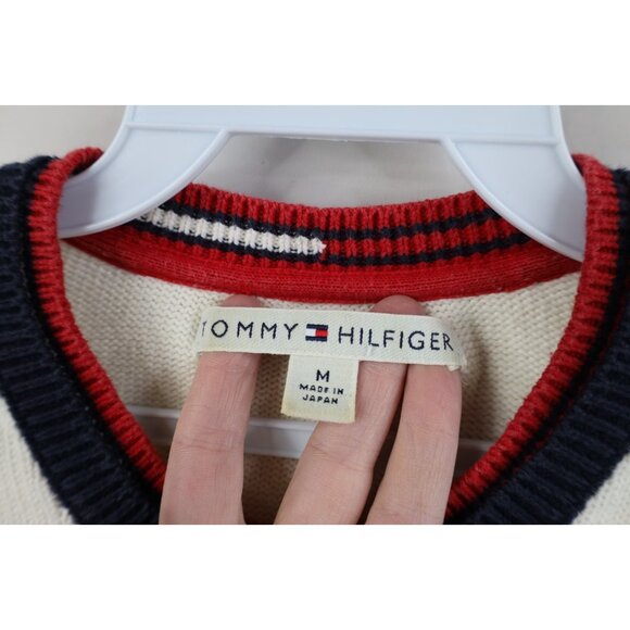 Vintage 90s Y2K Tommy Hilfiger Womens M Babydoll Center Logo Knit Sweater Cream - Picture 8 of 13